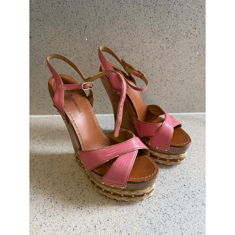 Dolce & Gabbana Pink Lizard Embossed Wood Wedge Sandals Studded Platform 41